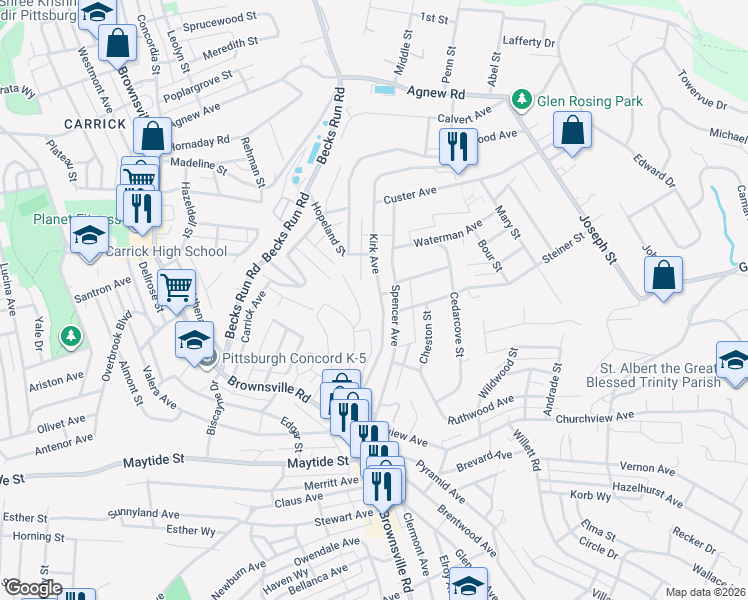 map of restaurants, bars, coffee shops, grocery stores, and more near 221 Kirk Avenue in Pittsburgh