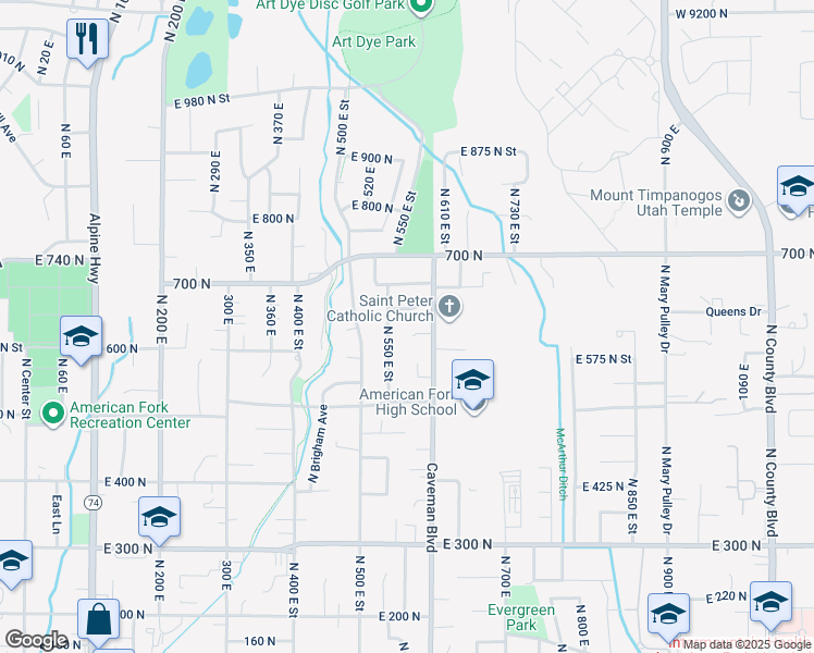 map of restaurants, bars, coffee shops, grocery stores, and more near 594 North 580 East in American Fork