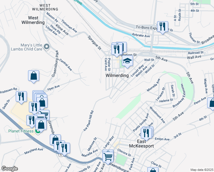 map of restaurants, bars, coffee shops, grocery stores, and more near 450 Card Avenue in Wilmerding