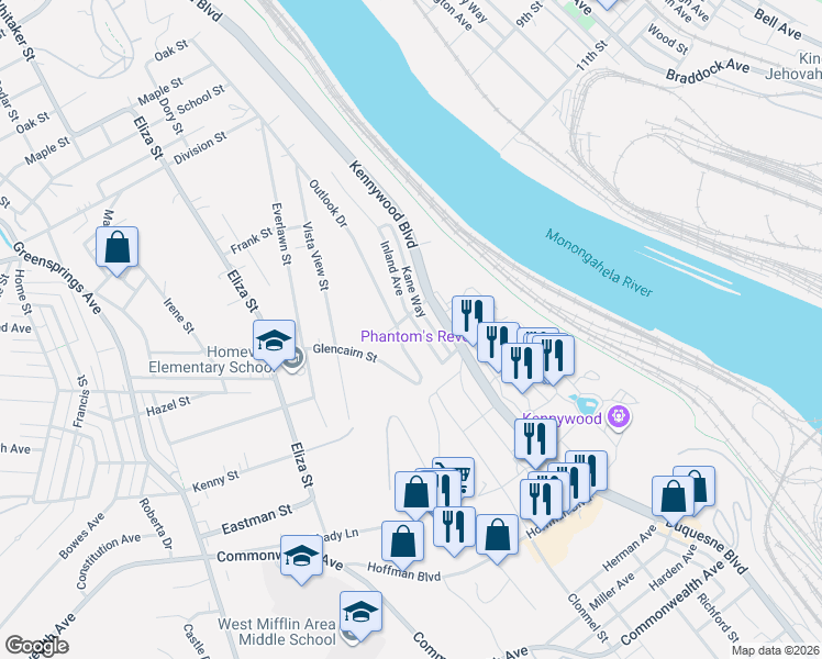 map of restaurants, bars, coffee shops, grocery stores, and more near 4314 Outlook Drive in West Mifflin