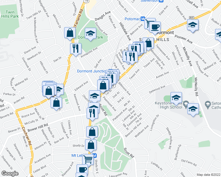 map of restaurants, bars, coffee shops, grocery stores, and more near 3258 Wainbell Avenue in Pittsburgh
