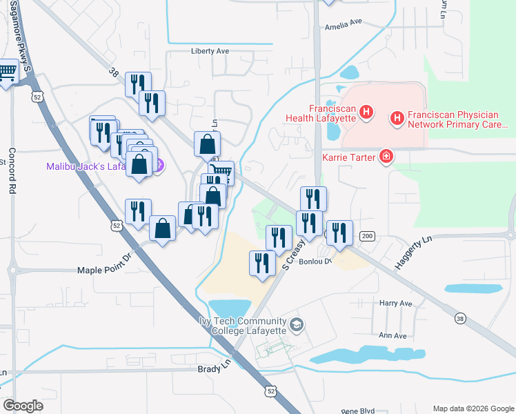 map of restaurants, bars, coffee shops, grocery stores, and more near 23 Torchwood Court in Lafayette