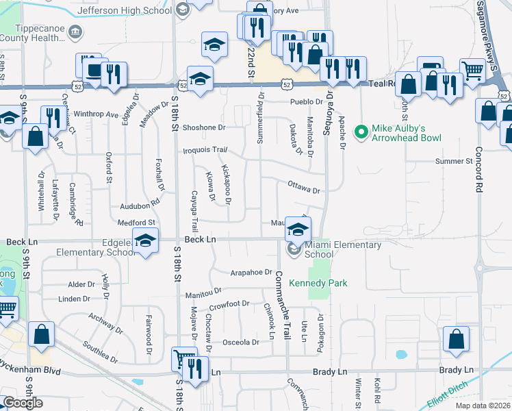 map of restaurants, bars, coffee shops, grocery stores, and more near 2519-2599 Summerfield Drive in Lafayette