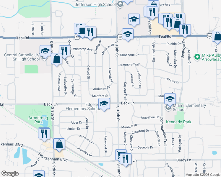 map of restaurants, bars, coffee shops, grocery stores, and more near 2717 Meadow Drive in Lafayette