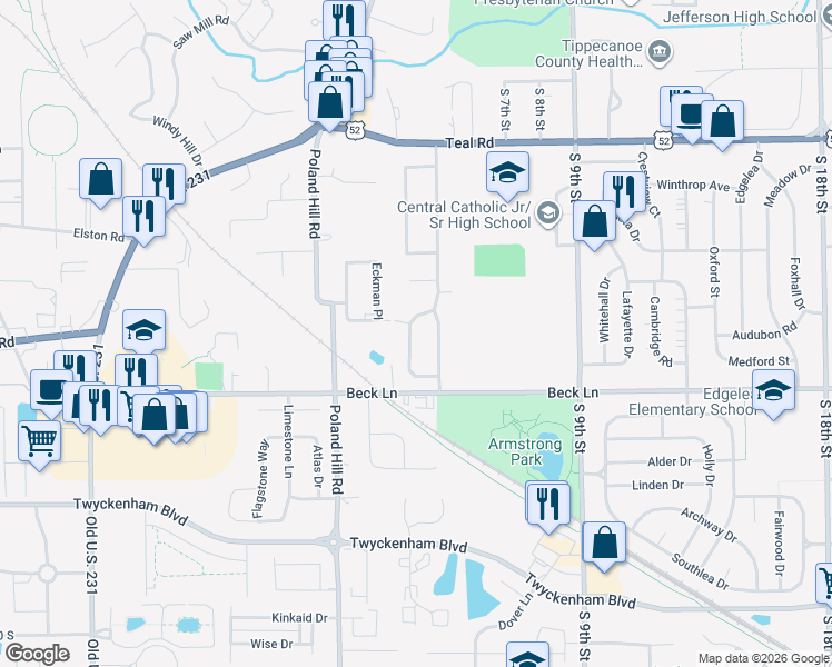 map of restaurants, bars, coffee shops, grocery stores, and more near 2513 Robinwood Drive in Lafayette