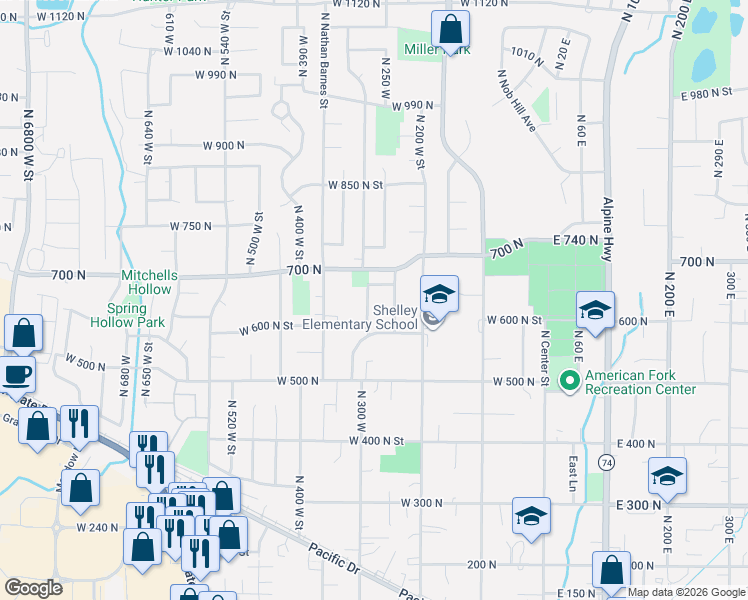map of restaurants, bars, coffee shops, grocery stores, and more near 670 North 300 West in American Fork