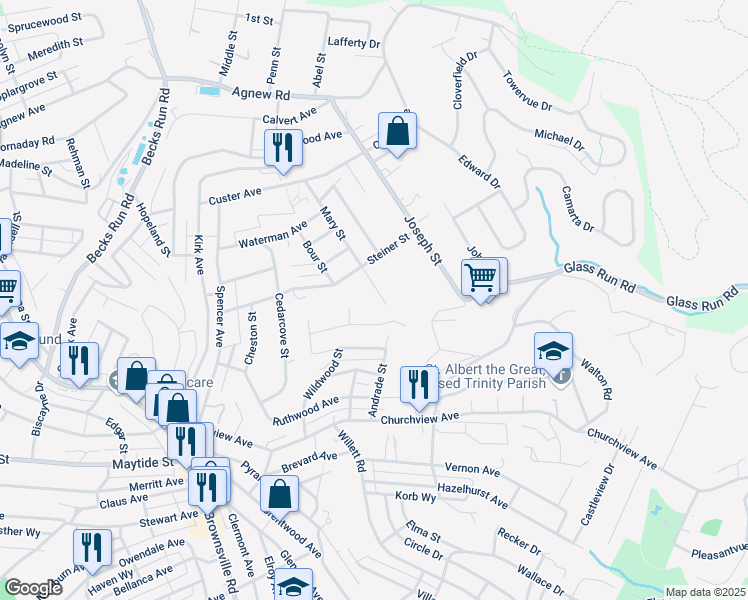 map of restaurants, bars, coffee shops, grocery stores, and more near 3027 Meadowvue Drive in Pittsburgh