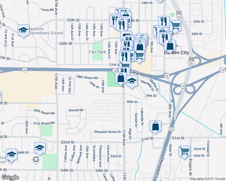 map of restaurants, bars, coffee shops, grocery stores, and more near 1217 29th Street Road in Greeley