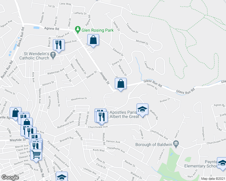 map of restaurants, bars, coffee shops, grocery stores, and more near 55 Joseph Street in Pittsburgh