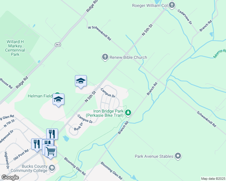 map of restaurants, bars, coffee shops, grocery stores, and more near 17 Greenleaf Circle in Perkasie