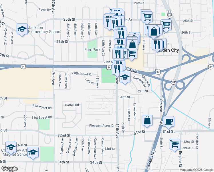 map of restaurants, bars, coffee shops, grocery stores, and more near 1217 29th Street Road in Greeley