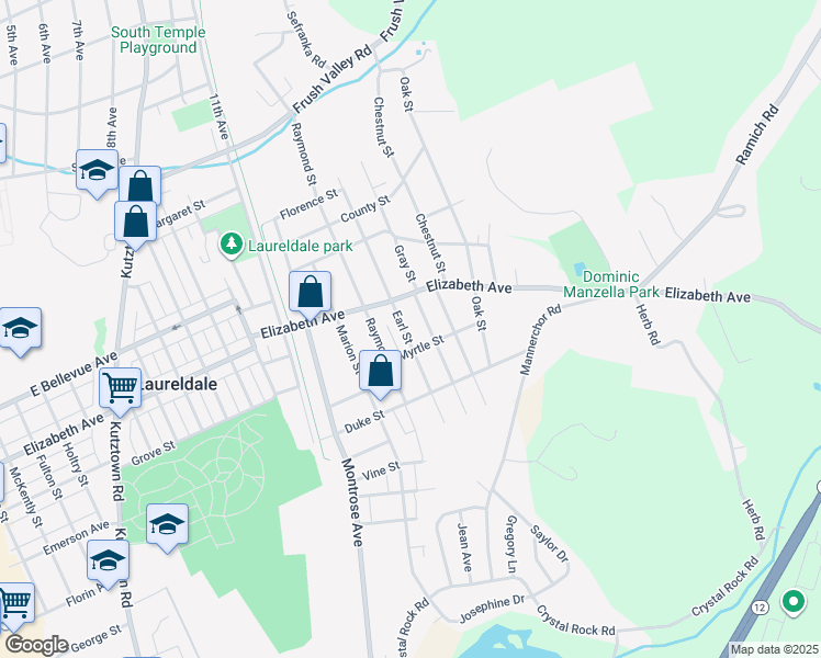 map of restaurants, bars, coffee shops, grocery stores, and more near 1808 Elizabeth Avenue in Laureldale