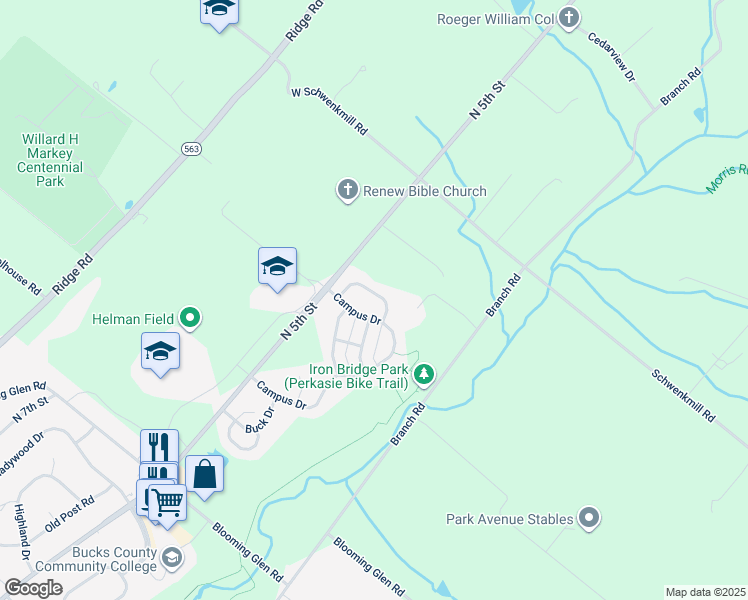 map of restaurants, bars, coffee shops, grocery stores, and more near 17 Greenleaf Circle in Perkasie