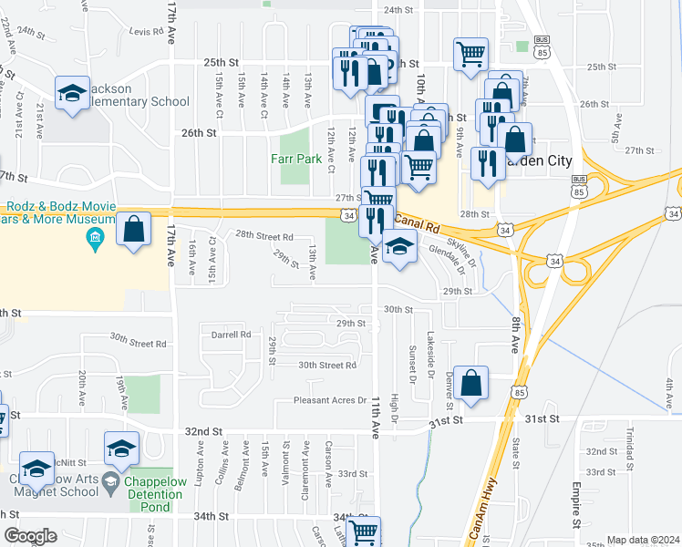 map of restaurants, bars, coffee shops, grocery stores, and more near 1231 29th Street Road in Greeley
