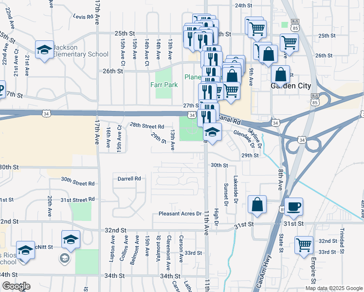 map of restaurants, bars, coffee shops, grocery stores, and more near 1231 29th Street Road in Greeley