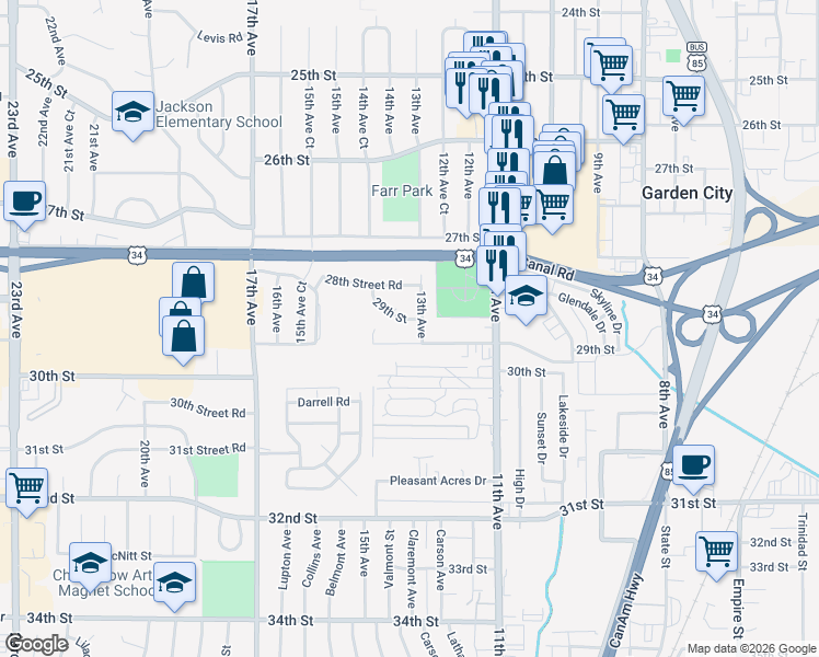 map of restaurants, bars, coffee shops, grocery stores, and more near 2811 13th Avenue in Greeley