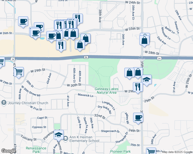 map of restaurants, bars, coffee shops, grocery stores, and more near 28th Street in Greeley