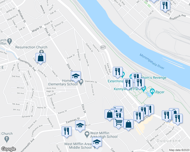 map of restaurants, bars, coffee shops, grocery stores, and more near 4114 Outlook Drive in West Mifflin