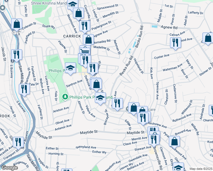 map of restaurants, bars, coffee shops, grocery stores, and more near 2223 Lutz Street in Pittsburgh