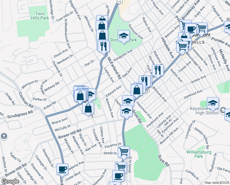 map of restaurants, bars, coffee shops, grocery stores, and more near 204 Edward Avenue in Pittsburgh