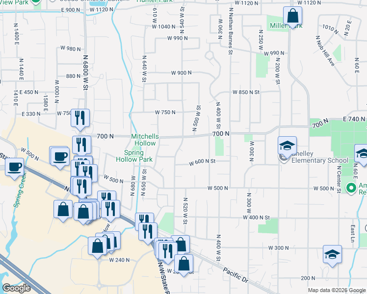 map of restaurants, bars, coffee shops, grocery stores, and more near 536 West 650 North Circle in American Fork