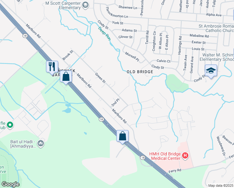 map of restaurants, bars, coffee shops, grocery stores, and more near 335 Green Street in Old Bridge Township
