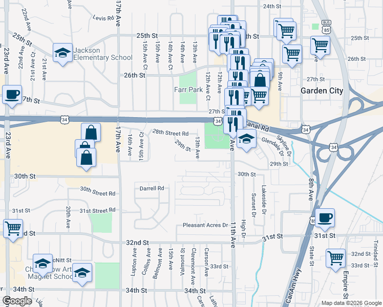 map of restaurants, bars, coffee shops, grocery stores, and more near 2811 13th Avenue in Greeley