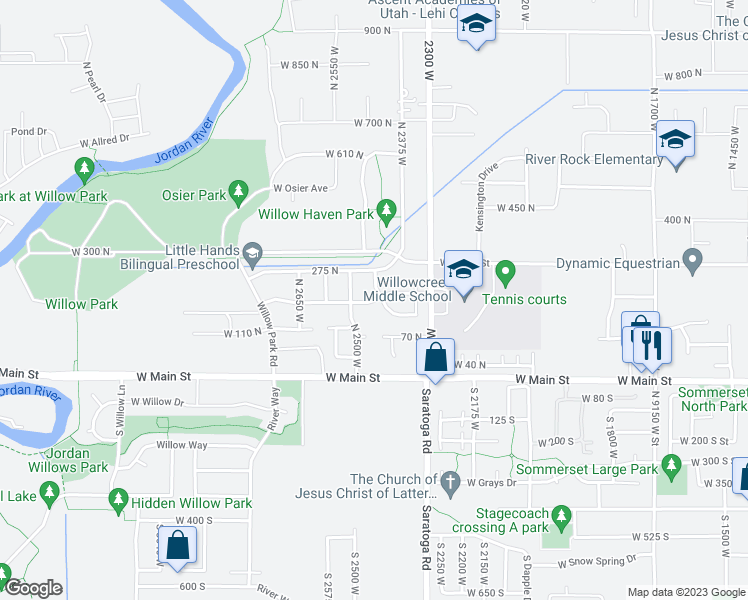 map of restaurants, bars, coffee shops, grocery stores, and more near West Bluestem Drive in Lehi