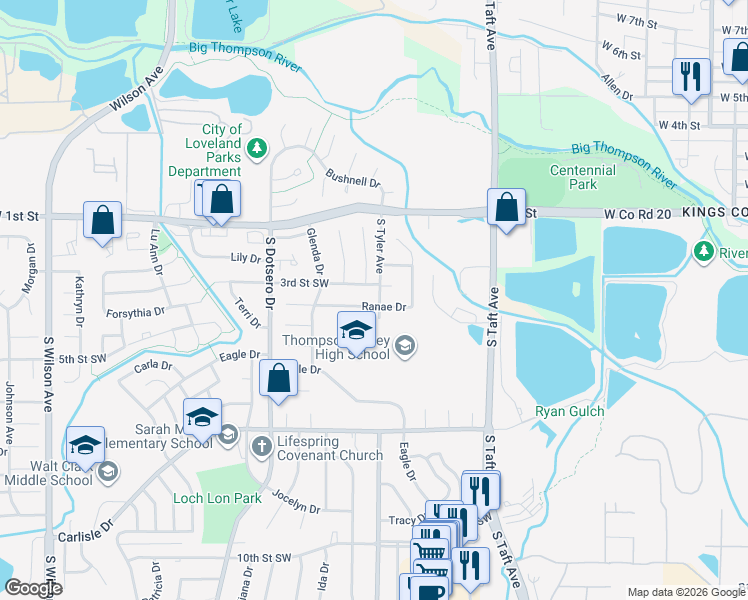 map of restaurants, bars, coffee shops, grocery stores, and more near 1609 Ranae Dr in Loveland