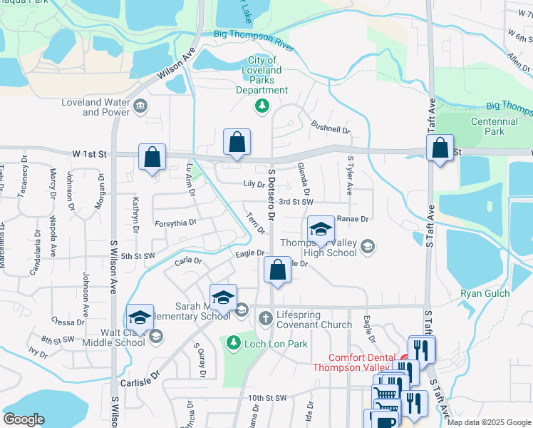 map of restaurants, bars, coffee shops, grocery stores, and more near 348 Terri Drive in Loveland