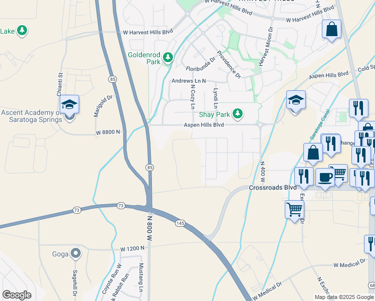 map of restaurants, bars, coffee shops, grocery stores, and more near 1523 North Cozy Lane in Saratoga Springs