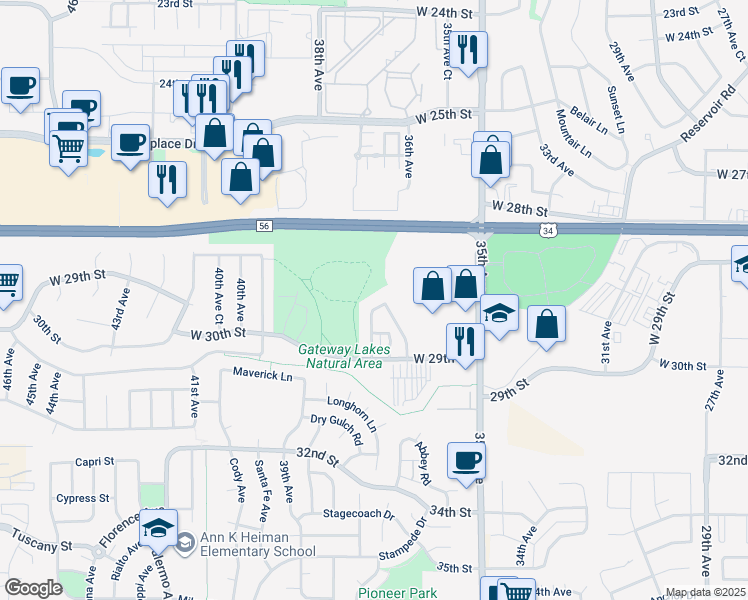 map of restaurants, bars, coffee shops, grocery stores, and more near 2815 28th Street Road in Greeley