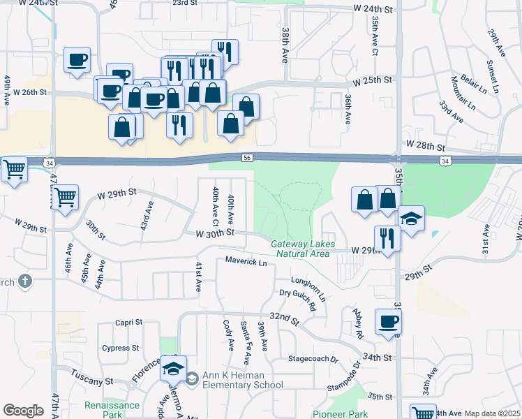 map of restaurants, bars, coffee shops, grocery stores, and more near 2816 39th Avenue in Greeley