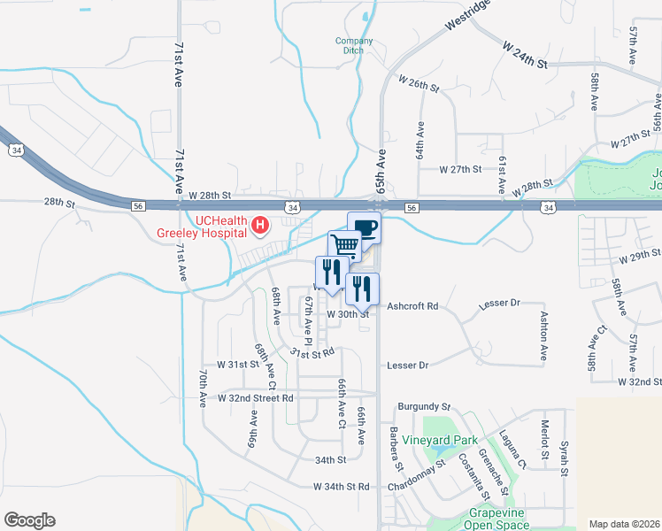 map of restaurants, bars, coffee shops, grocery stores, and more near 2918 67th Ave in Greeley