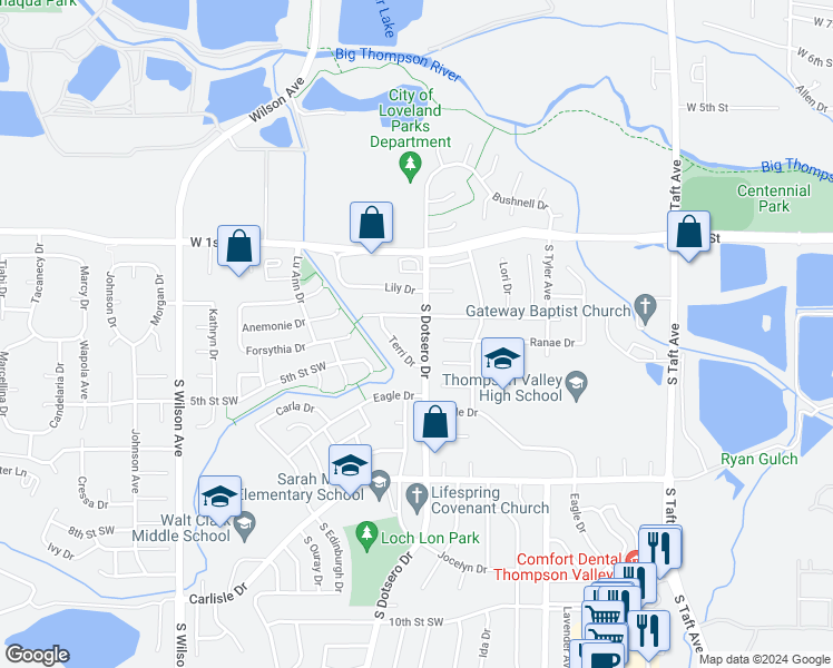 map of restaurants, bars, coffee shops, grocery stores, and more near 1855 3rd Street Southwest in Loveland