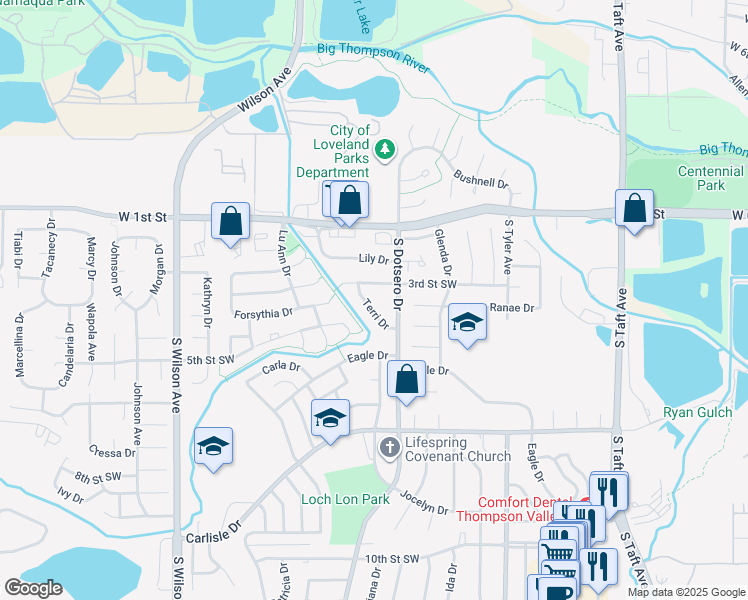 map of restaurants, bars, coffee shops, grocery stores, and more near 2229 3rd Street Southwest in Loveland