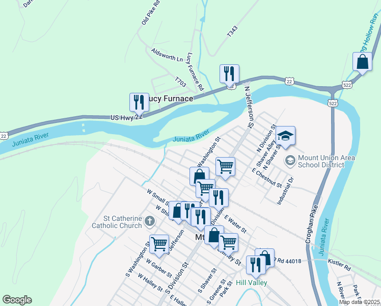 map of restaurants, bars, coffee shops, grocery stores, and more near 321 Lawrence Street in Mount Union