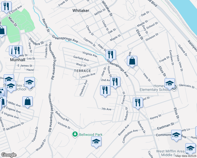 map of restaurants, bars, coffee shops, grocery stores, and more near 3817 Brice Street in West Mifflin