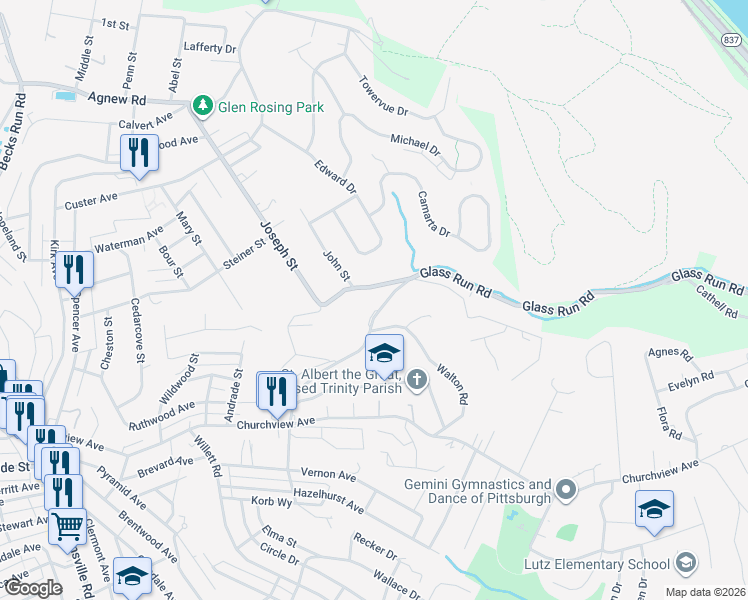 map of restaurants, bars, coffee shops, grocery stores, and more near 1021 Joseph Street in Pittsburgh