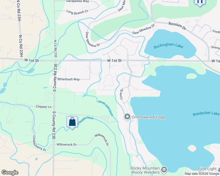 map of restaurants, bars, coffee shops, grocery stores, and more near 307 Meadowsweet Circle in Loveland