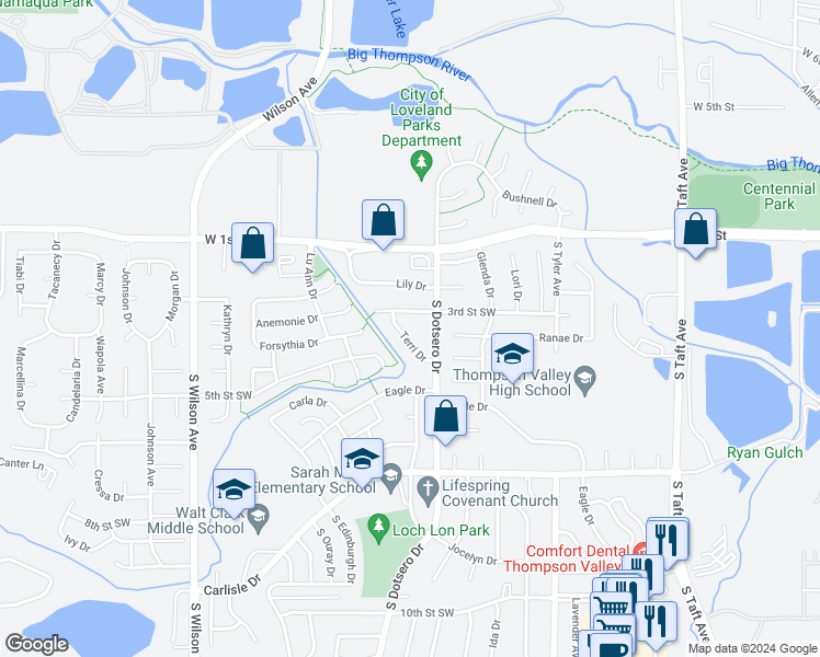 map of restaurants, bars, coffee shops, grocery stores, and more near 332 Terri Drive in Loveland