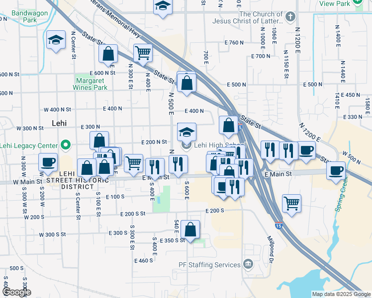 map of restaurants, bars, coffee shops, grocery stores, and more near 180 North 500 East in Lehi