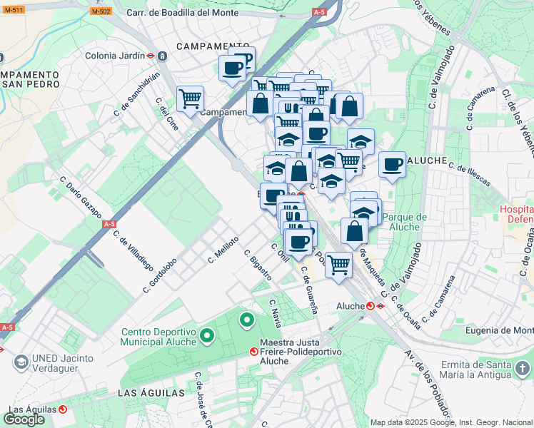 map of restaurants, bars, coffee shops, grocery stores, and more near 28 Avenida de los Poblados in Madrid