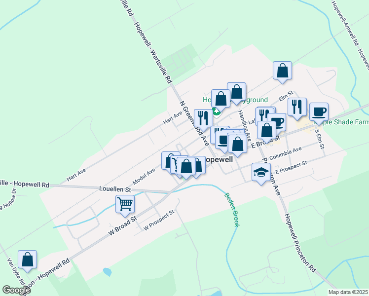 map of restaurants, bars, coffee shops, grocery stores, and more near Model Avenue & Voorhees Avenue in Hopewell