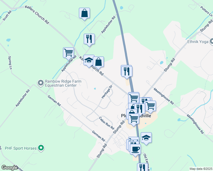 map of restaurants, bars, coffee shops, grocery stores, and more near 6143 Mulberry Court in Plumsteadville