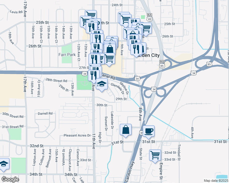 map of restaurants, bars, coffee shops, grocery stores, and more near 2917 State Farm Road in Evans