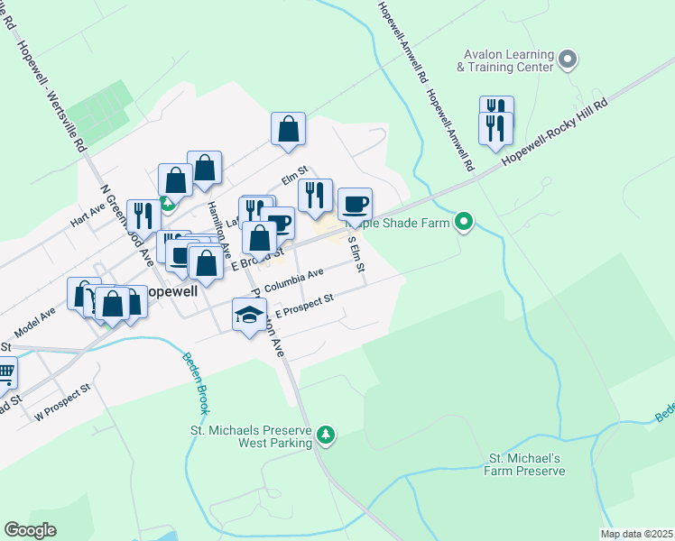 map of restaurants, bars, coffee shops, grocery stores, and more near 87 Columbia Avenue in Hopewell