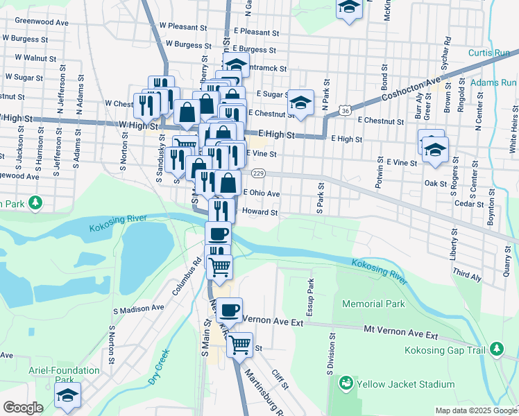 map of restaurants, bars, coffee shops, grocery stores, and more near 106 East Ohio Avenue in Mount Vernon