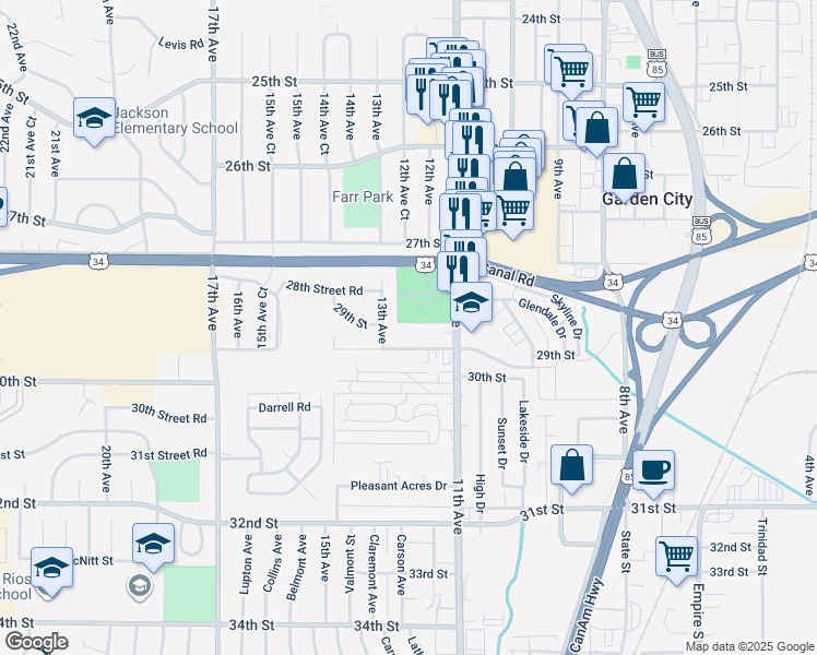map of restaurants, bars, coffee shops, grocery stores, and more near 1231 29th Street Road in Greeley