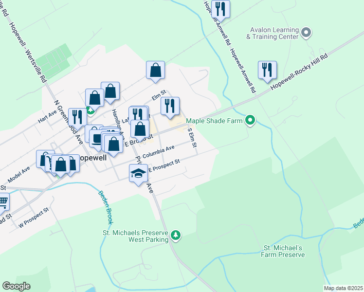 map of restaurants, bars, coffee shops, grocery stores, and more near 87 Columbia Avenue in Hopewell